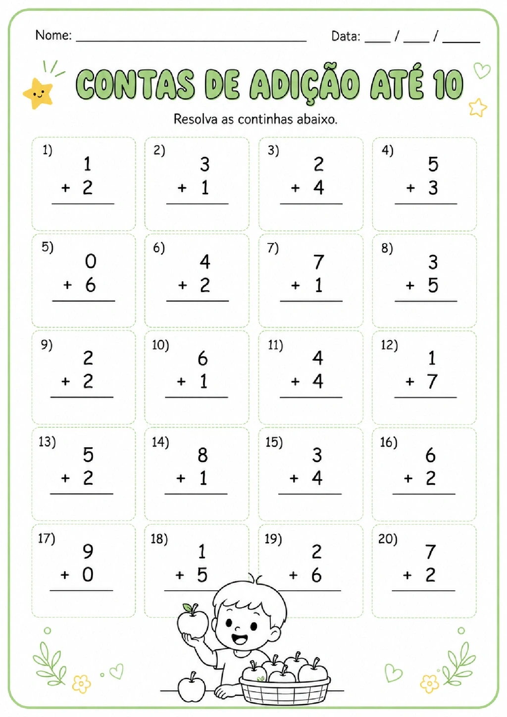 Folha com 20 continhas de adição até 10 e linhas para escrever os resultados.