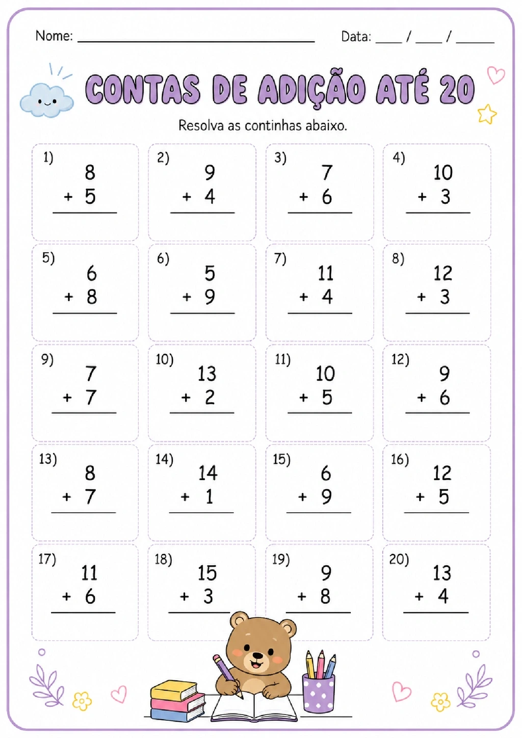 Folha com 20 continhas de adição até 20 e linhas em branco para os resultados.
