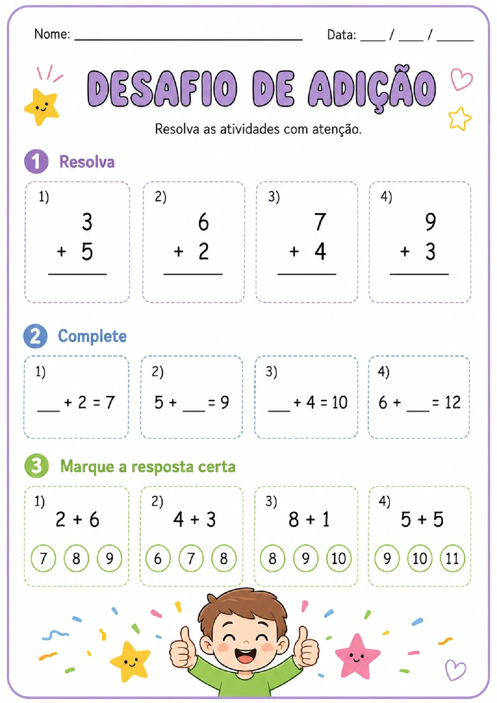 Folha com desafios de adição: contas, parcelas desconhecidas e alternativas para marcar.