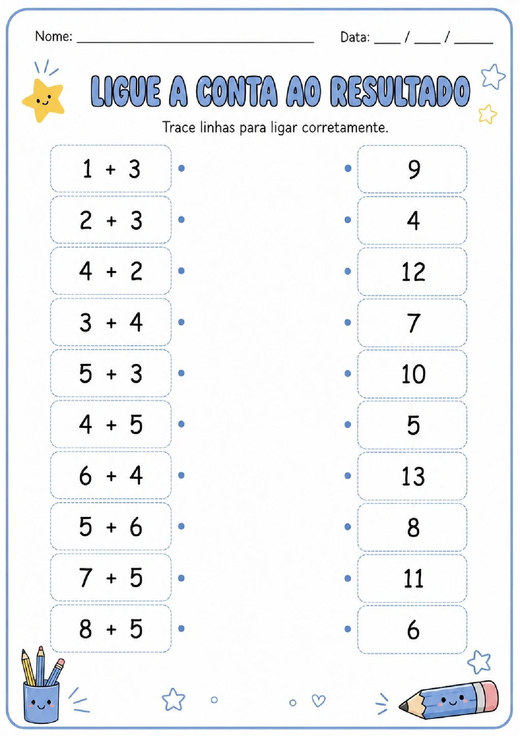 Atividade para ligar contas de adição aos resultados corretos.