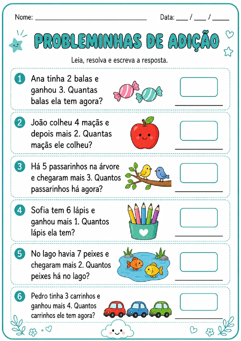 Folha com seis probleminhas ilustrados de adição e espaços para registrar as respostas.