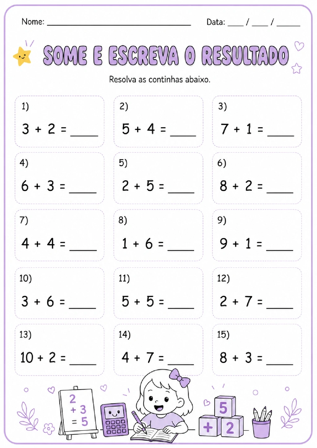 Folha com quinze continhas de adição e espaços para escrever os resultados.