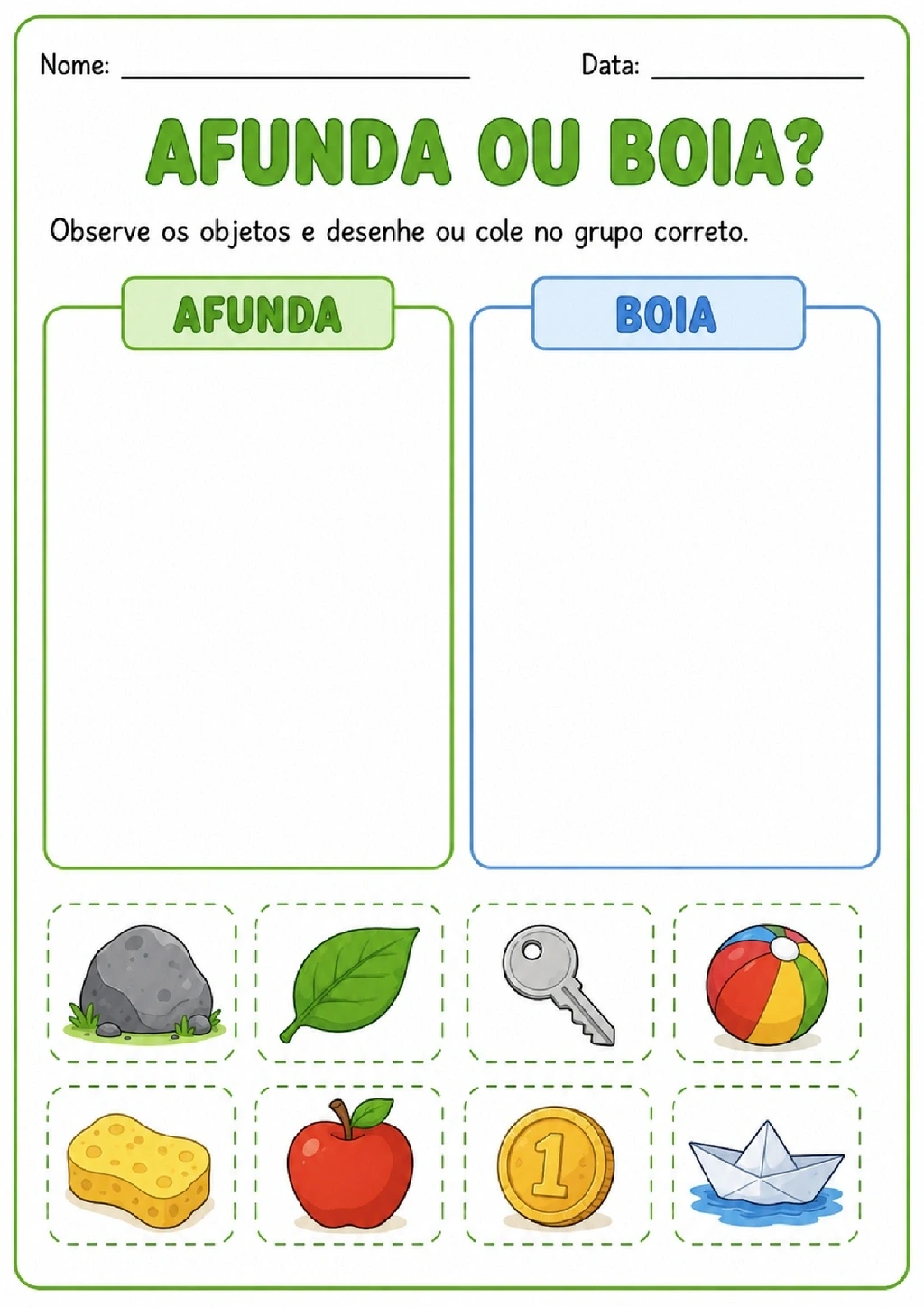 Atividade com objetos para classificar entre os grupos afunda e boia.