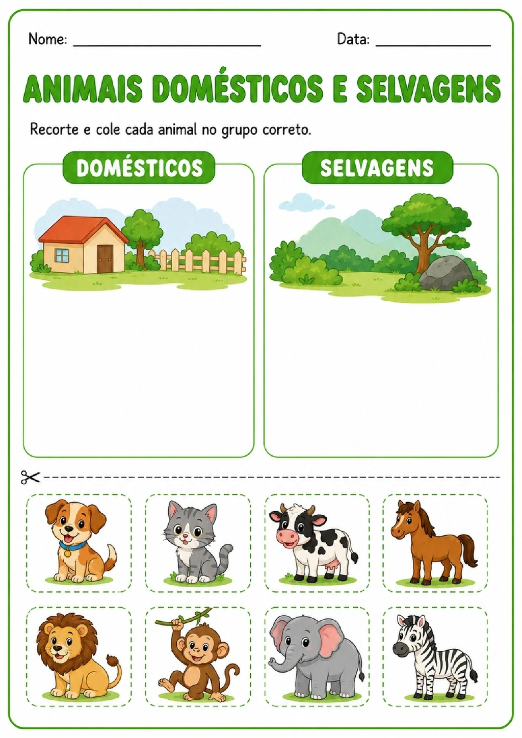 Atividade para recortar e colar animais nos grupos domésticos ou selvagens.
