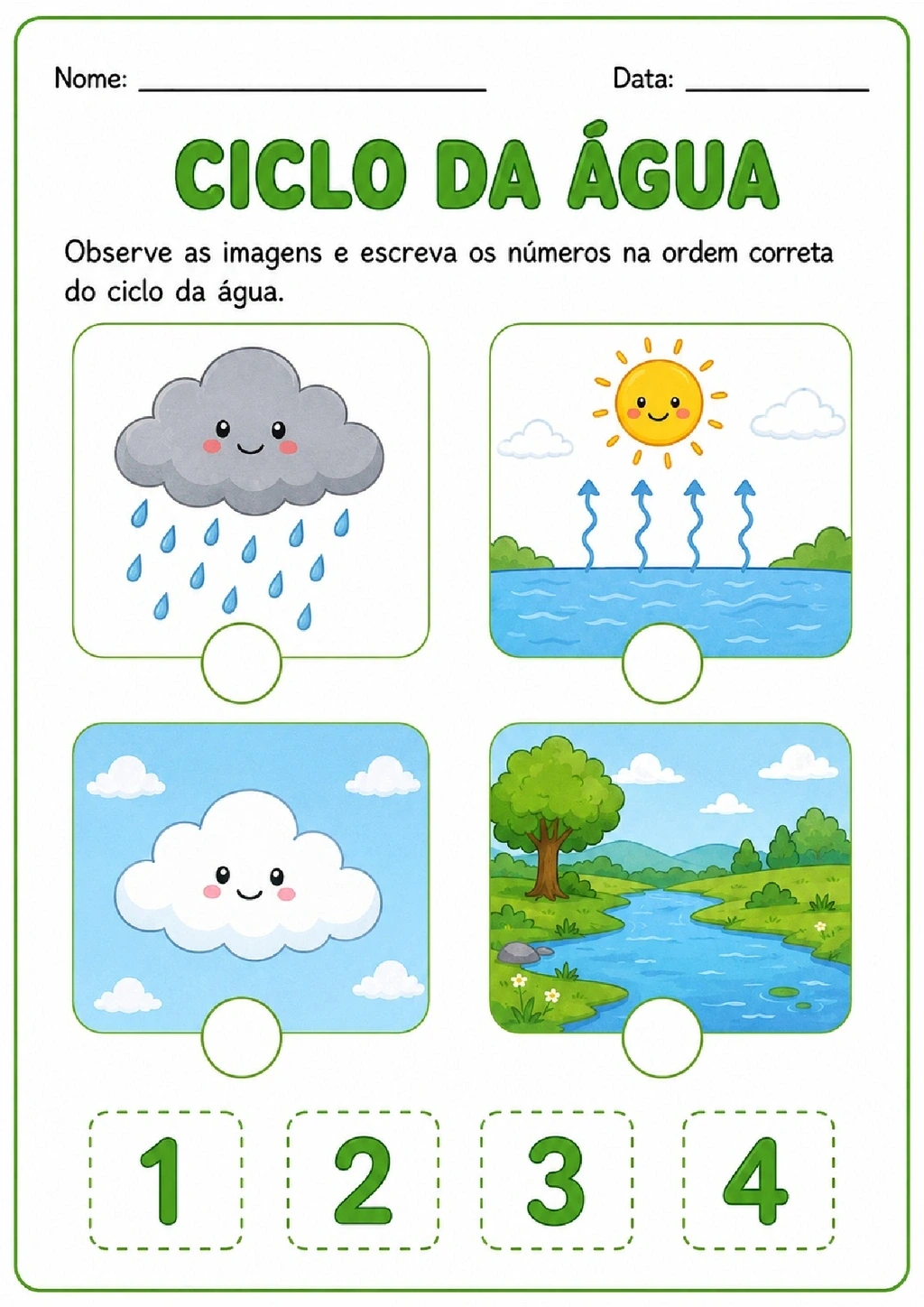 Atividade com quatro imagens do ciclo da água para numerar na ordem correta.
