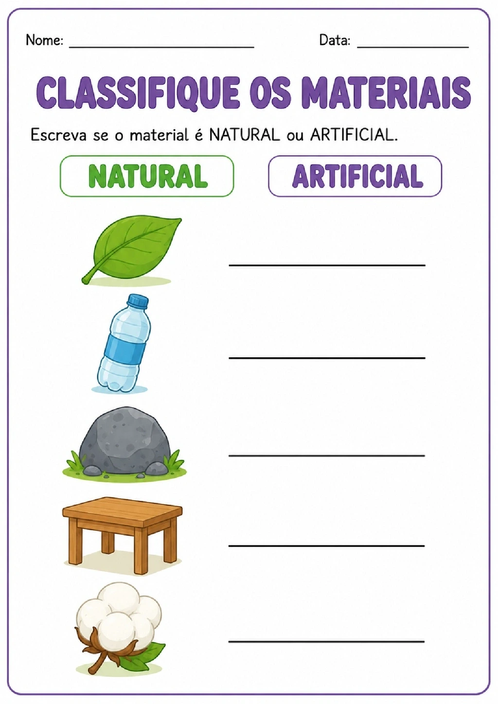 Atividade para classificar imagens de materiais naturais ou artificiais e escrever as respostas.
