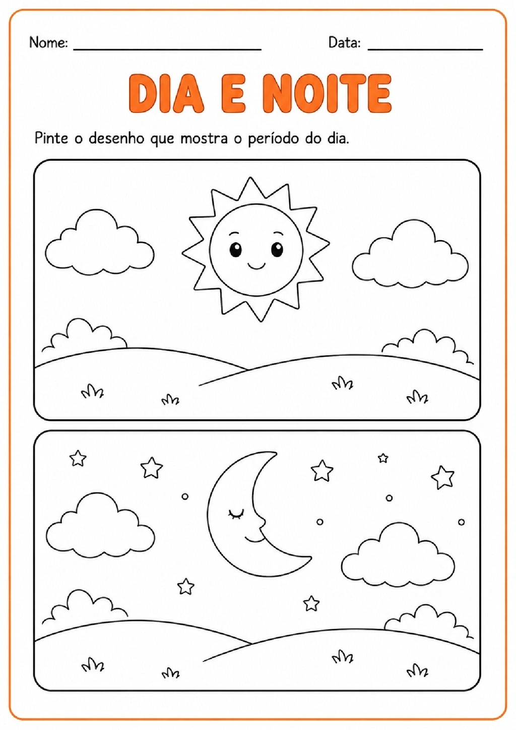 Atividade com cenas do dia e da noite para a criança pintar a imagem que representa o dia.