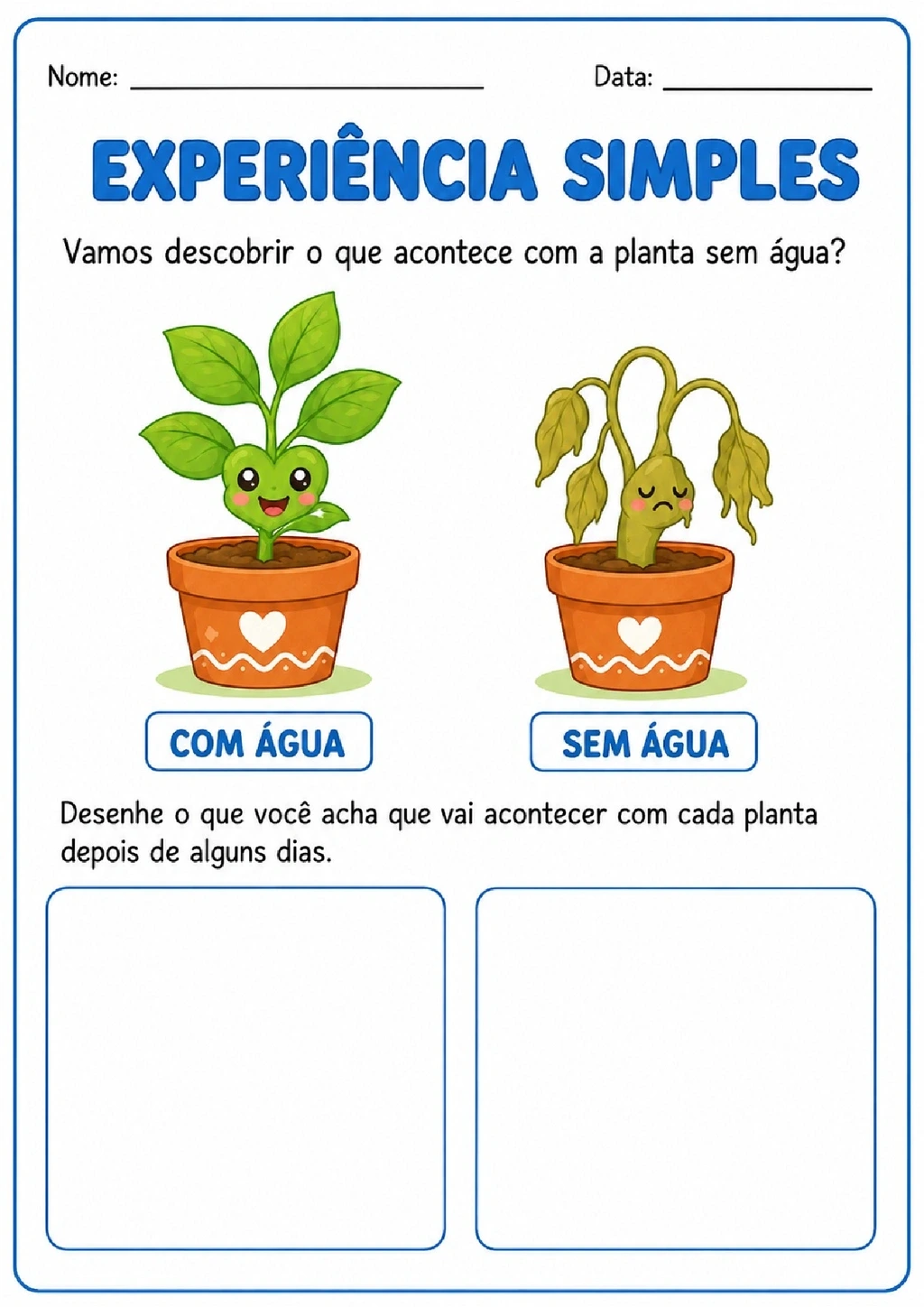 Atividade compara plantas com e sem água e pede desenhos sobre o que acontecerá depois de alguns dias.