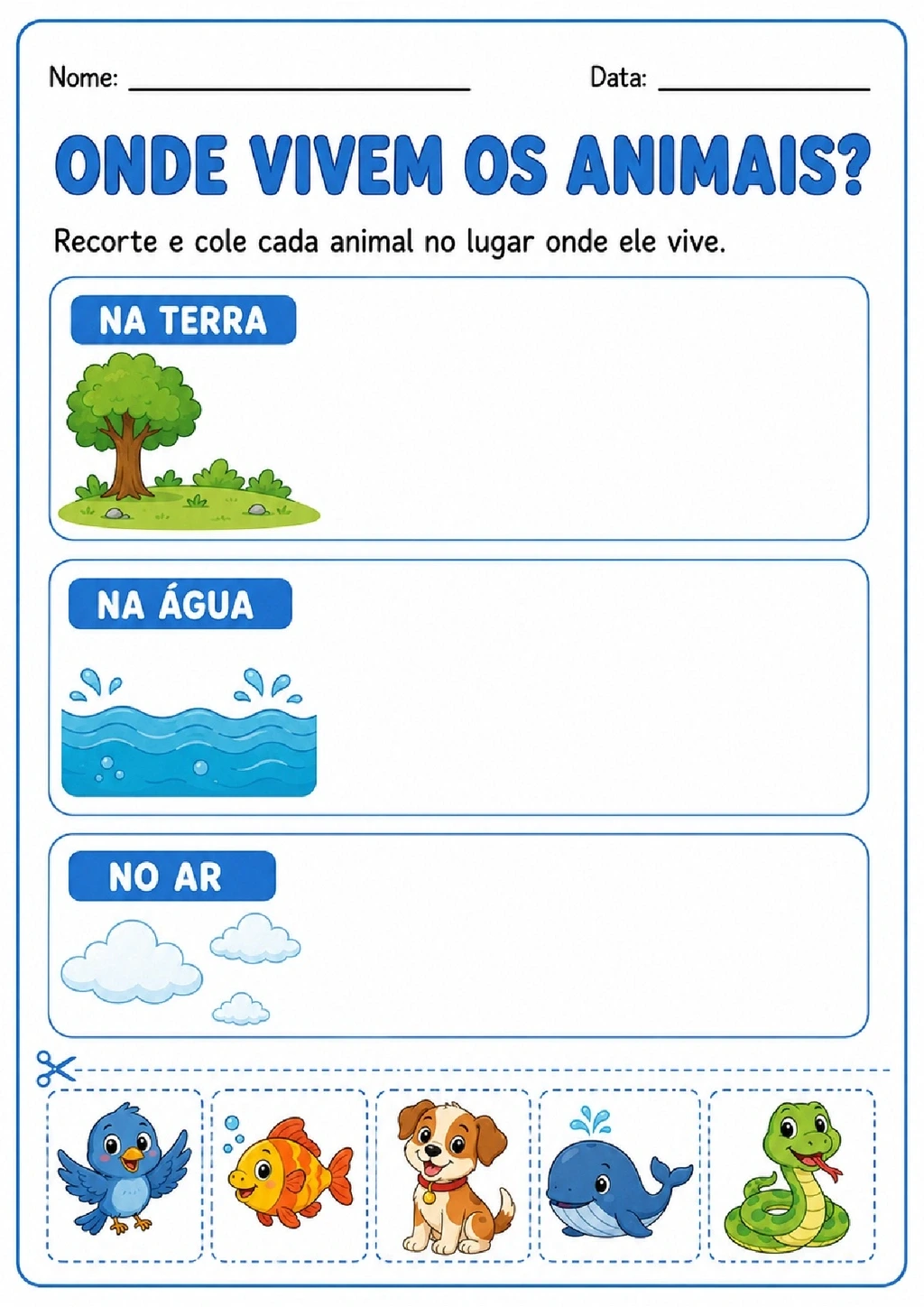Atividade para recortar e colar cinco animais nos ambientes terra, água ou ar.