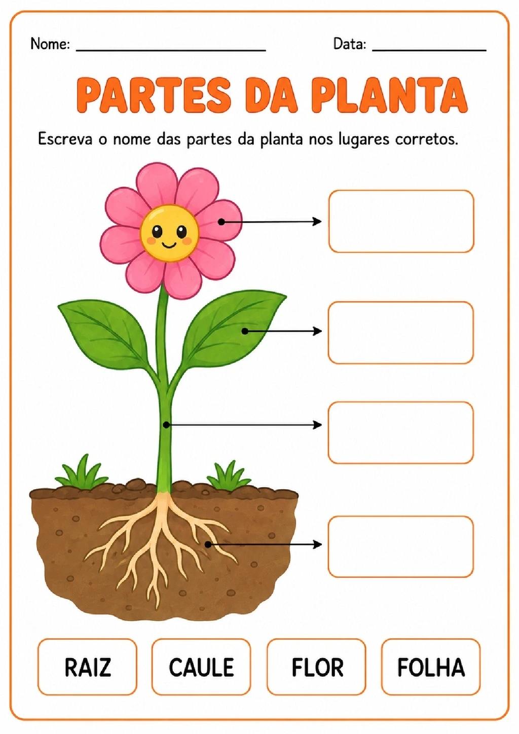 Atividade mostra uma planta com setas e espaços para nomear flor, folha, caule e raiz.