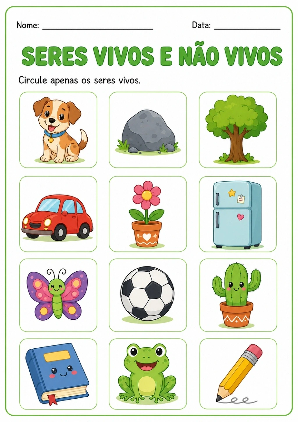 Atividade com imagens para circular animais e plantas entre seres vivos e objetos não vivos.
