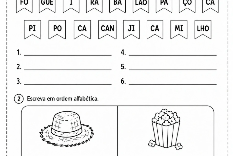 Atividade junina para formar palavras com sílabas e escrever nomes de imagens em ordem alfabética.