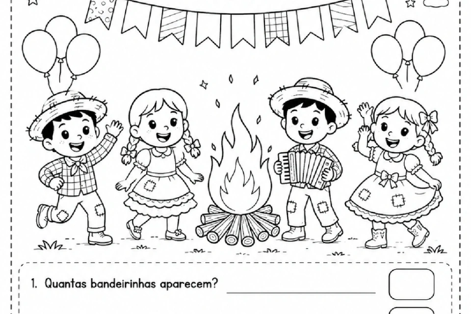 Atividade junina para colorir e contar bandeirinhas, balões, crianças, estrelas e nuvens.