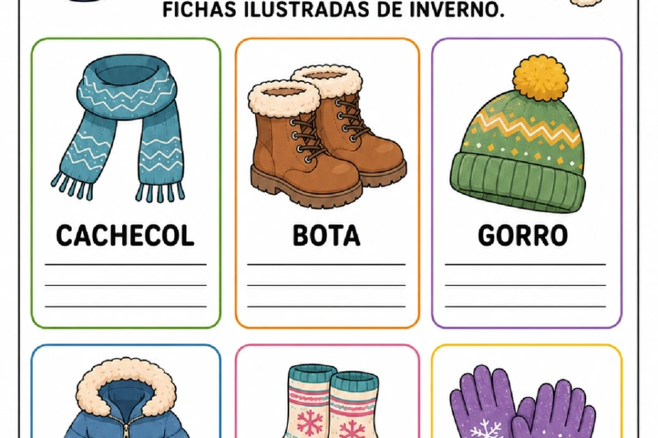 Ficha de inverno com imagens de roupas e linhas para escrever seus nomes.