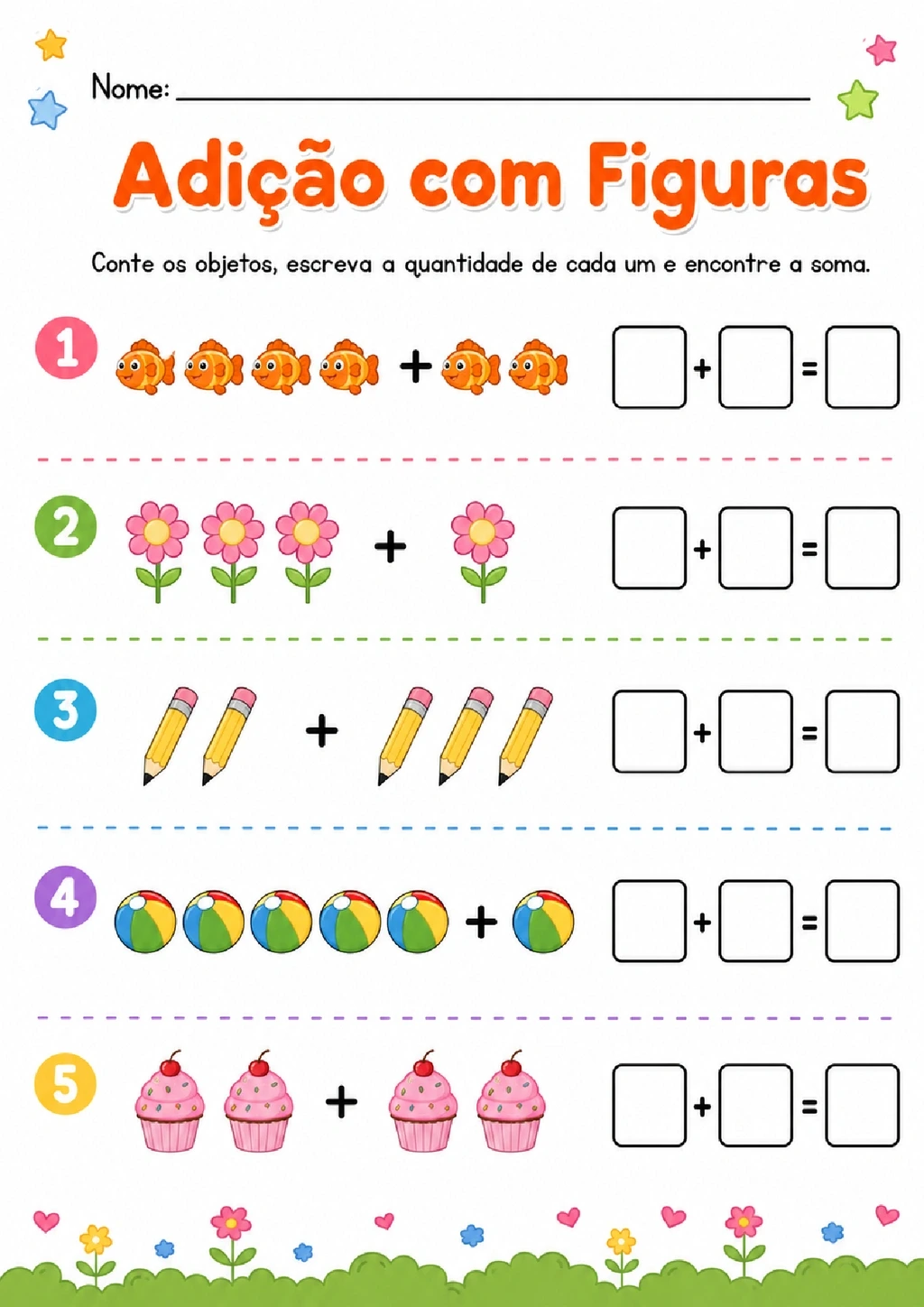 Folha de adição com imagens de peixes, flores, lápis, bolas e cupcakes para contar e completar somas.