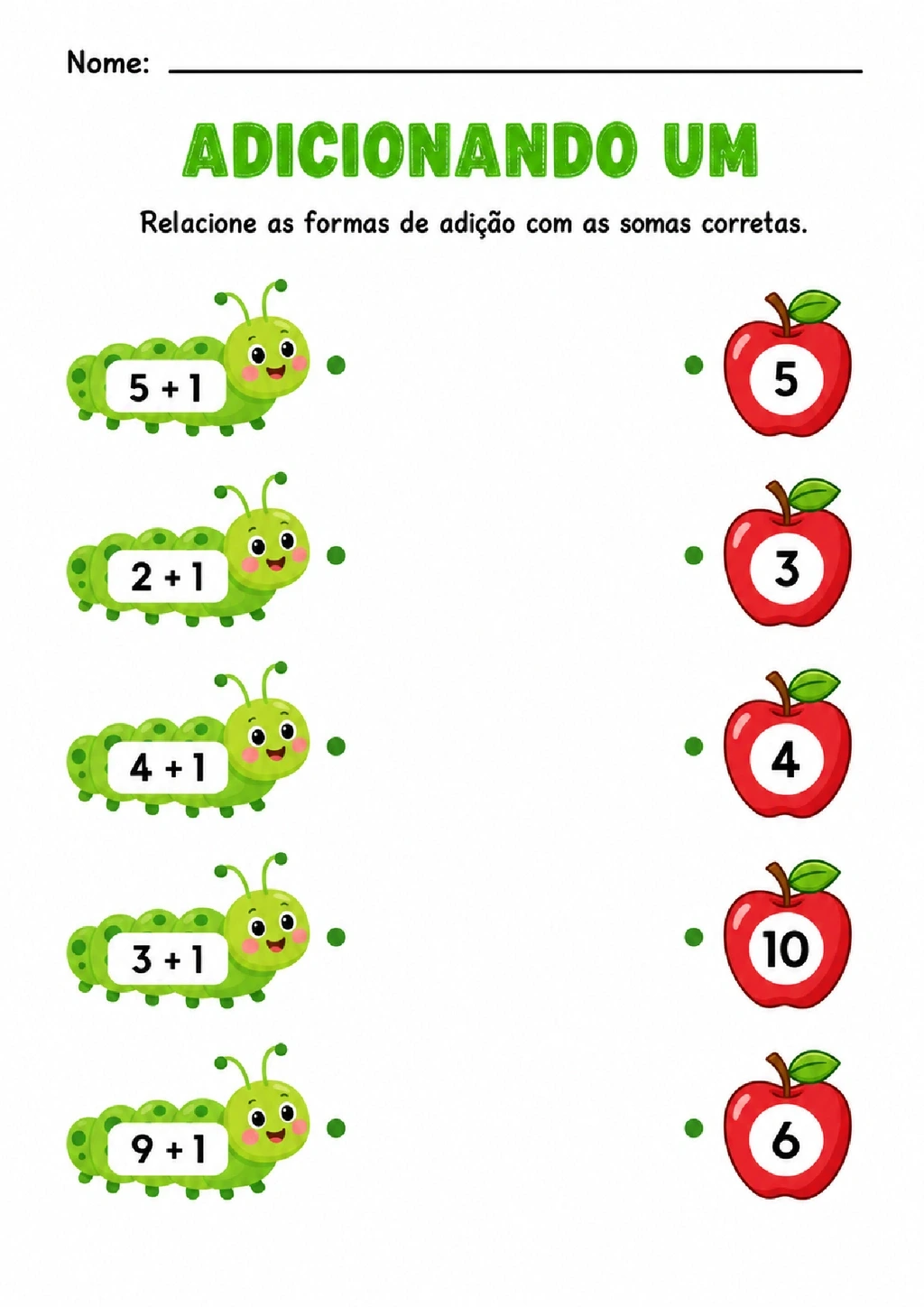 Atividade com adições em lagartas para ligar cada conta à maçã com o resultado correto.