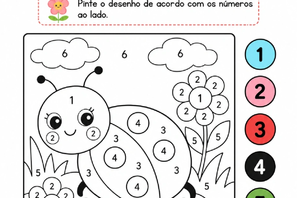 Criança deve pintar uma cena de jardim conforme os números de 1 a 6 e a legenda de cores.