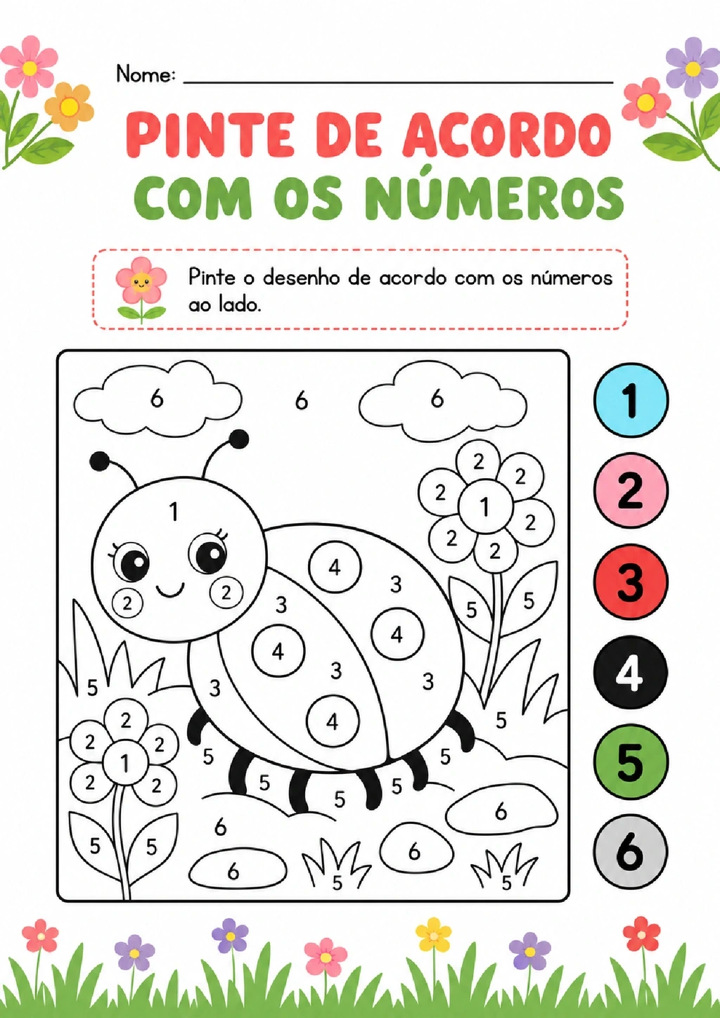 Criança deve pintar uma cena de jardim conforme os números de 1 a 6 e a legenda de cores.
