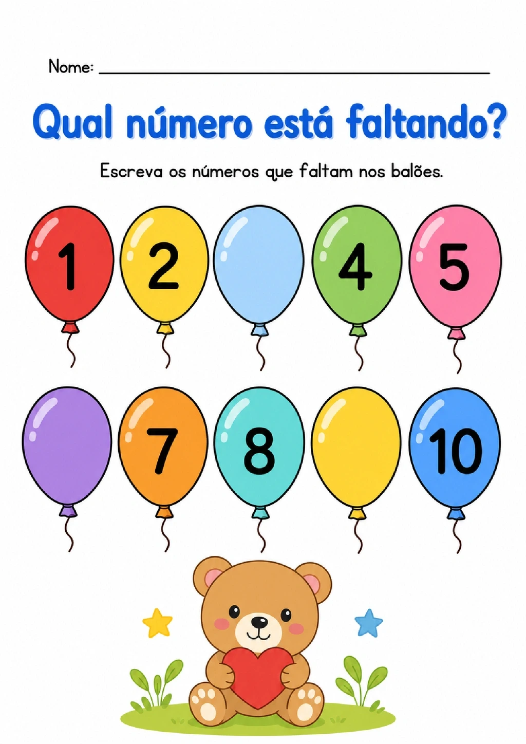 Balões numerados de 1 a 10 com os números 3, 6 e 9 faltando para completar.