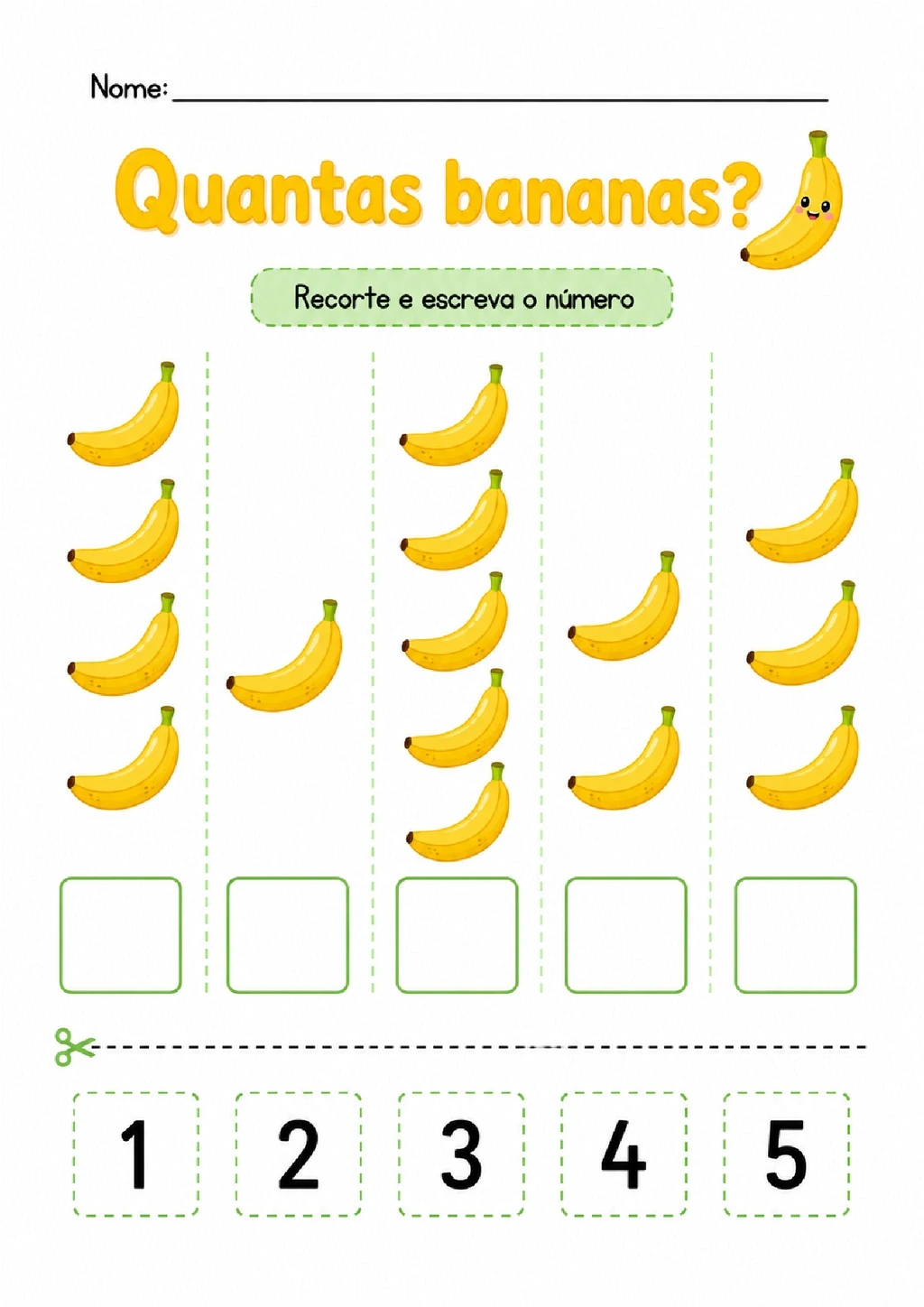 Atividade para contar grupos de bananas e recortar os numerais correspondentes de 1 a 5.