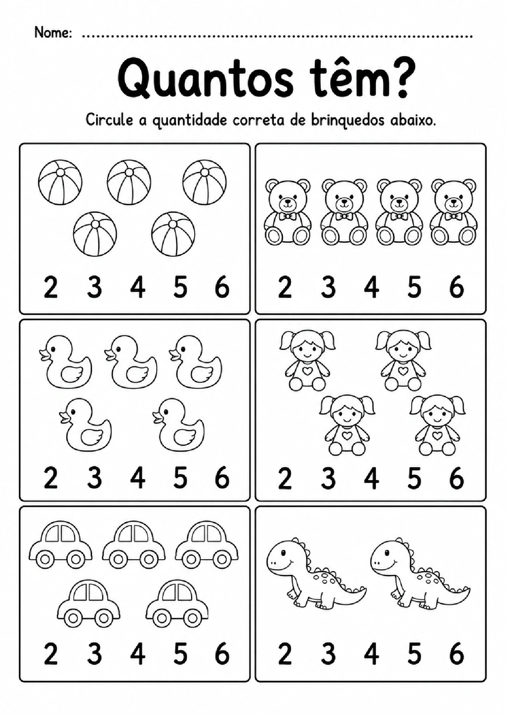 Atividade com grupos de brinquedos para contar e circular o numeral correspondente.