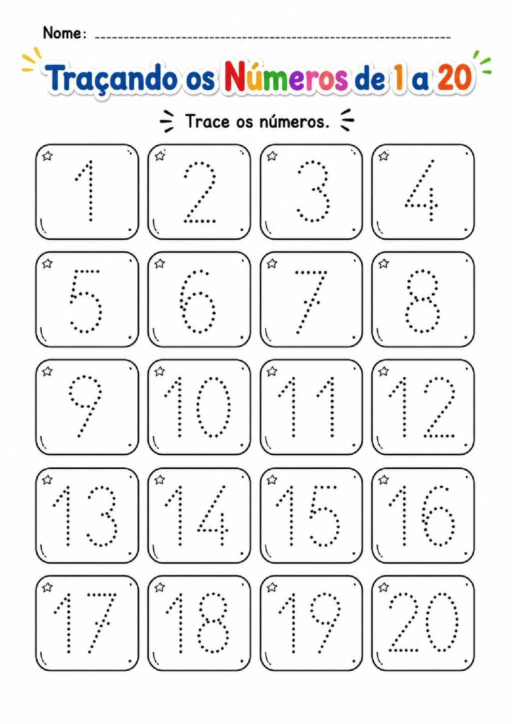 Folha para traçar numerais pontilhados de 1 a 20 em vinte quadros.