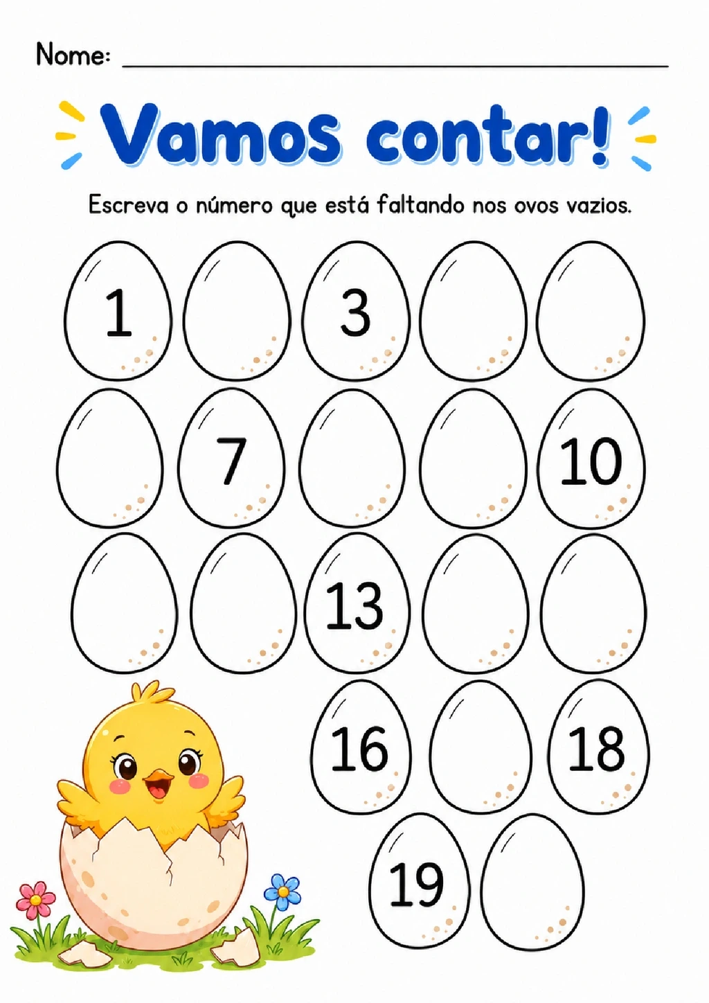 Atividade com ovos numerados para completar as sequências até 20.