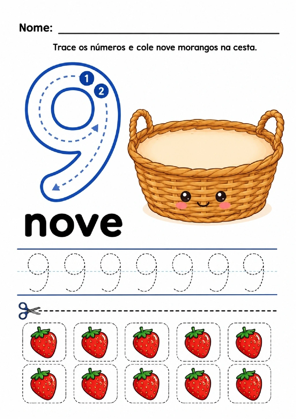 Atividade do número nove para traçar, escrever e colar nove morangos em uma cesta.