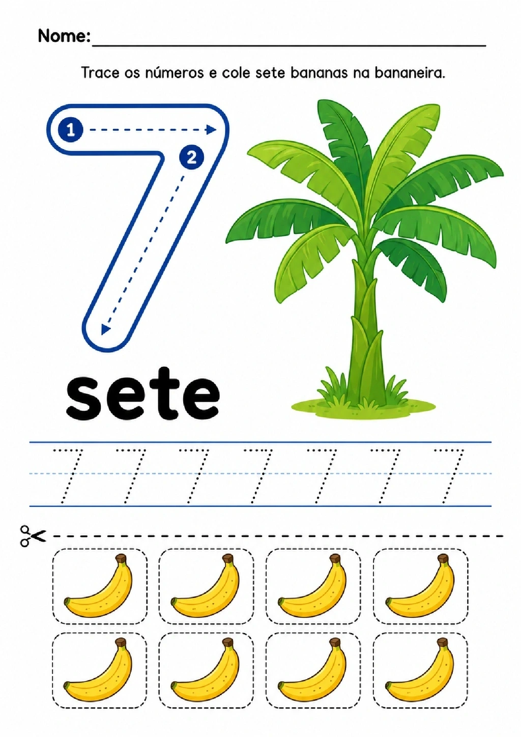 Atividade para traçar o número sete, escrever “sete” e colar sete bananas em uma bananeira.