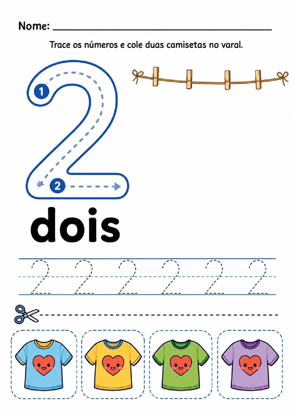 Atividade para traçar o número 2 e colar duas camisetas em um varal.