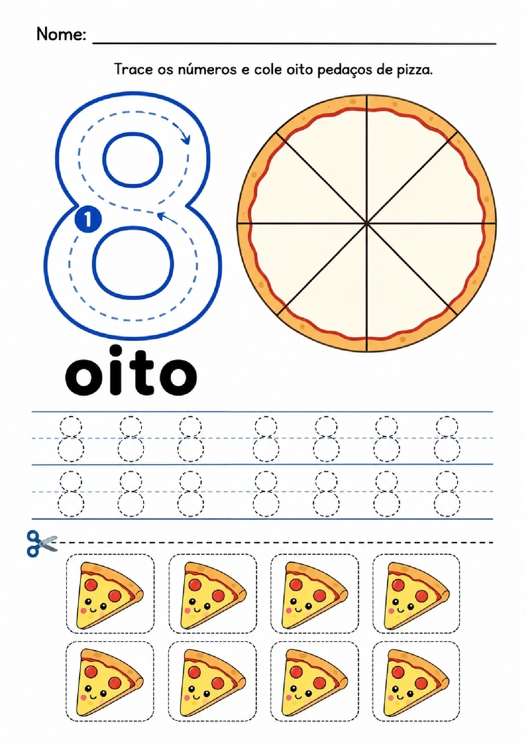 Folha para traçar o número oito e colar oito pedaços de pizza em uma figura.