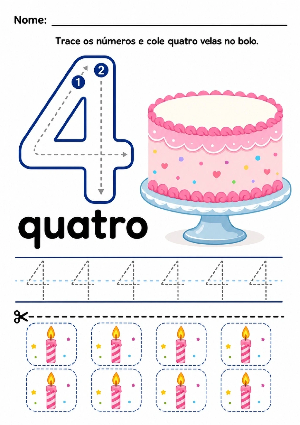 Atividade para traçar o número 4 e colar quatro velas em um bolo.