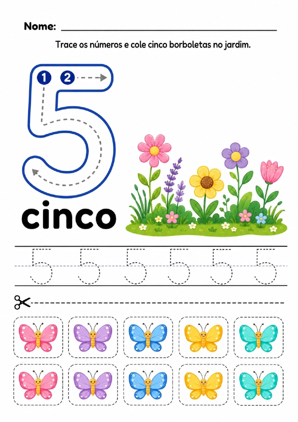 Atividade para traçar o número cinco e colar cinco borboletas em um jardim.