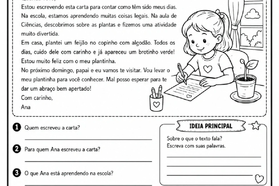 Atividade de interpretação da carta de Ana, com perguntas, ideia principal e questões de verdadeiro ou falso.