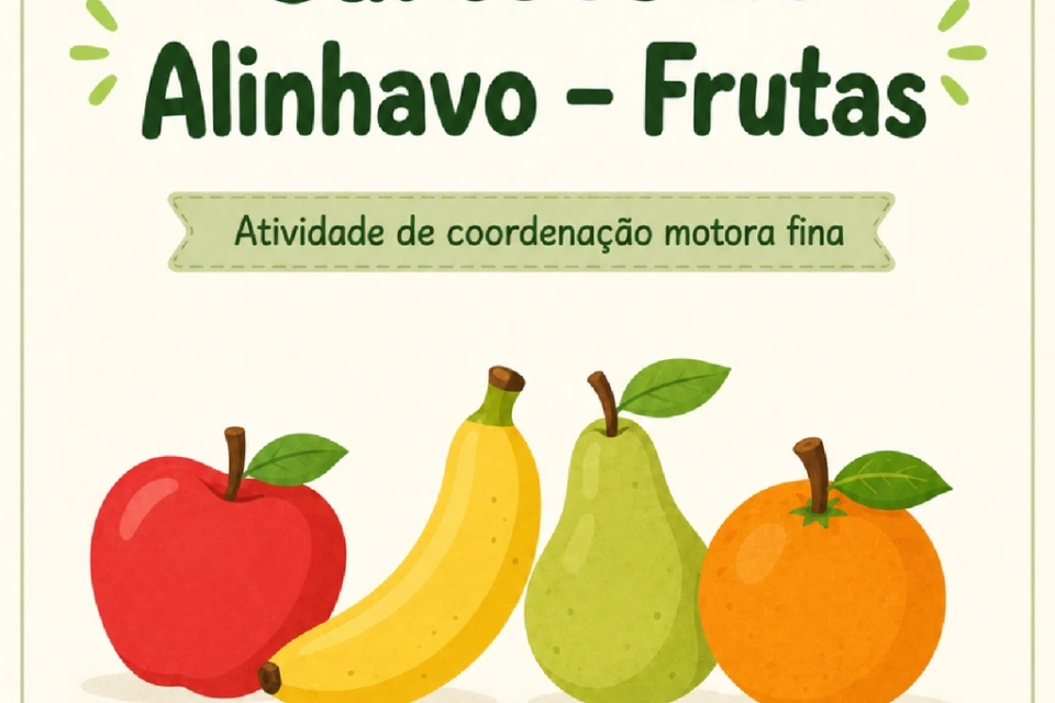 Capa ilustrada de cartões de alinhavo com maçã, banana, pera e laranja.