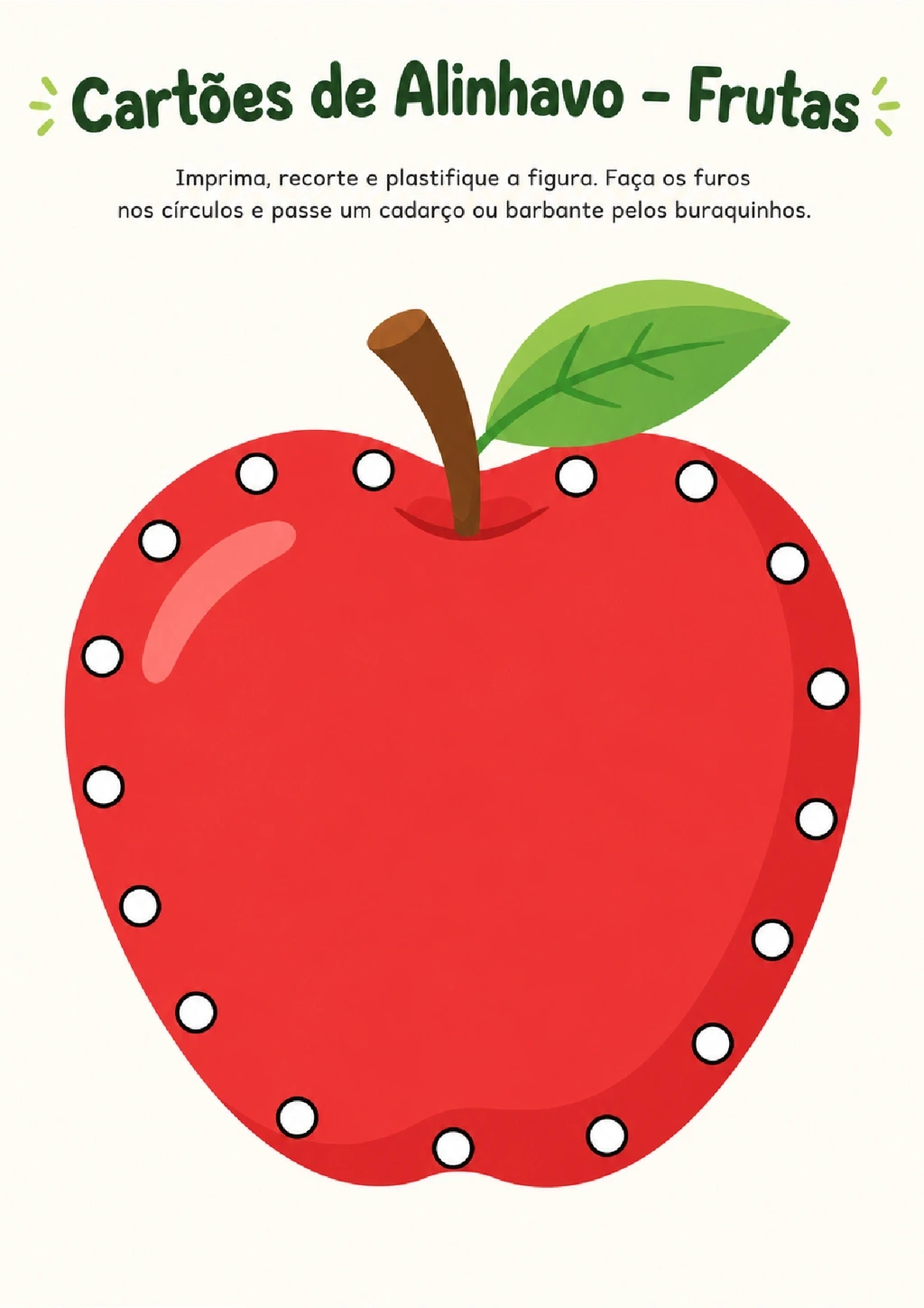 Cartão de maçã com furos no contorno para passar cadarço ou barbante.