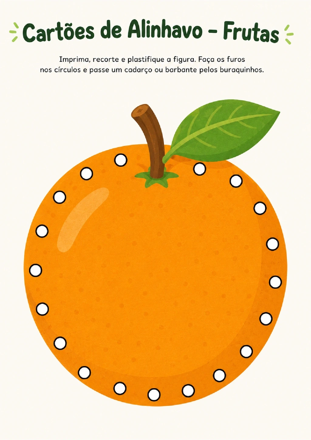 Cartão de alinhavo com uma laranja e furos ao redor para passar barbante.