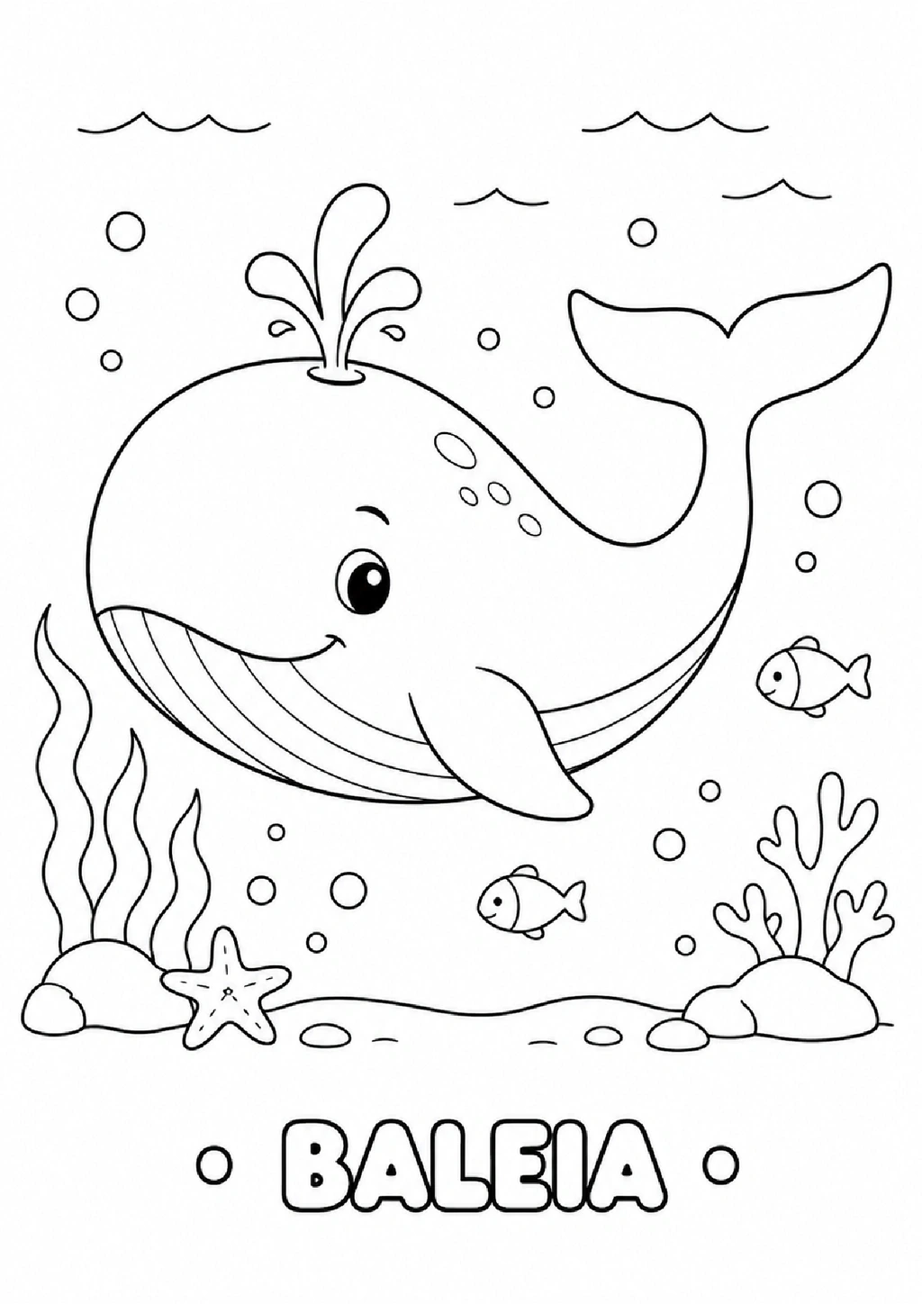 Desenho de baleia com peixes e elementos marinhos para colorir.
