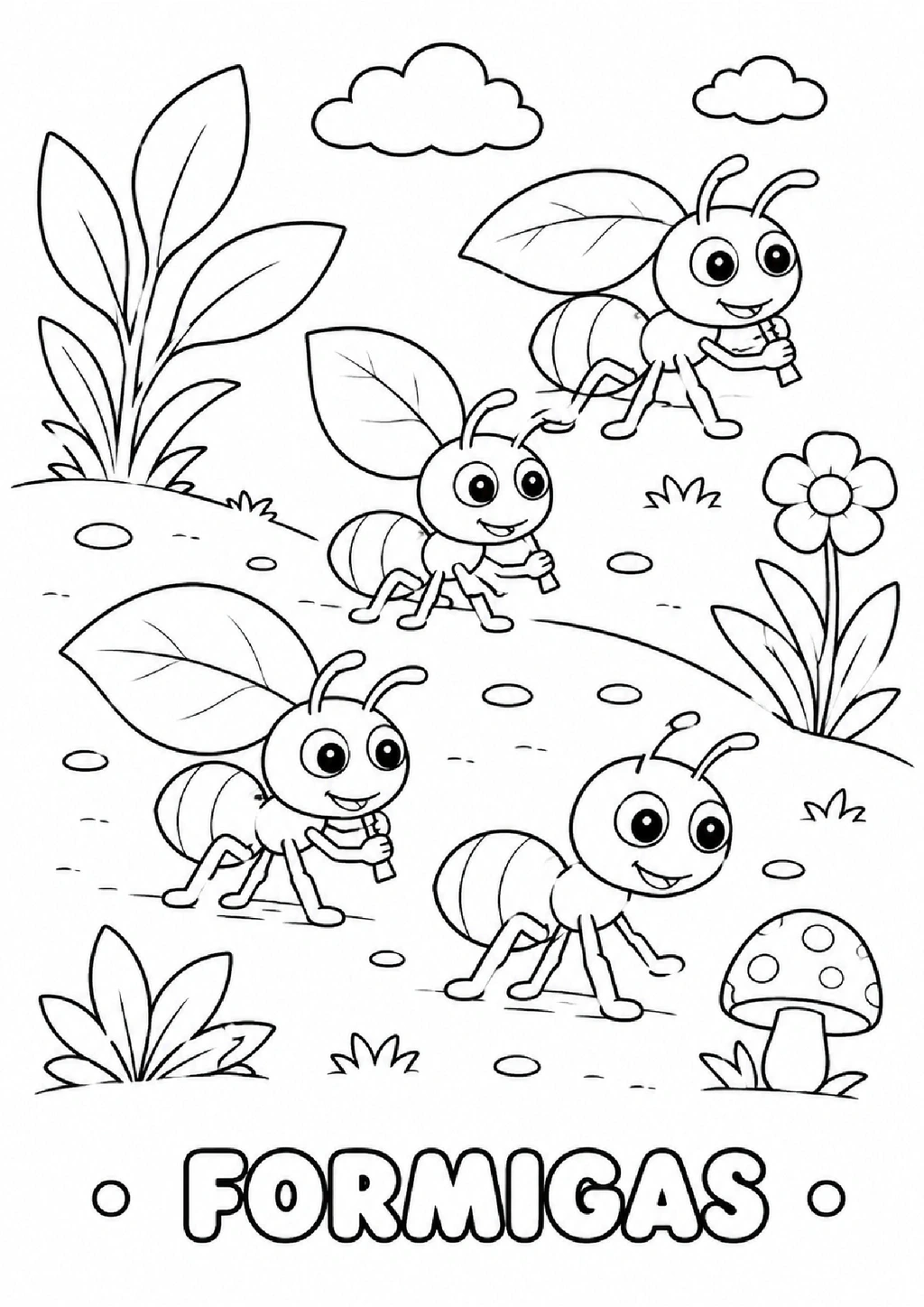Desenho para colorir com quatro formigas em uma paisagem com plantas, flores e cogumelo.