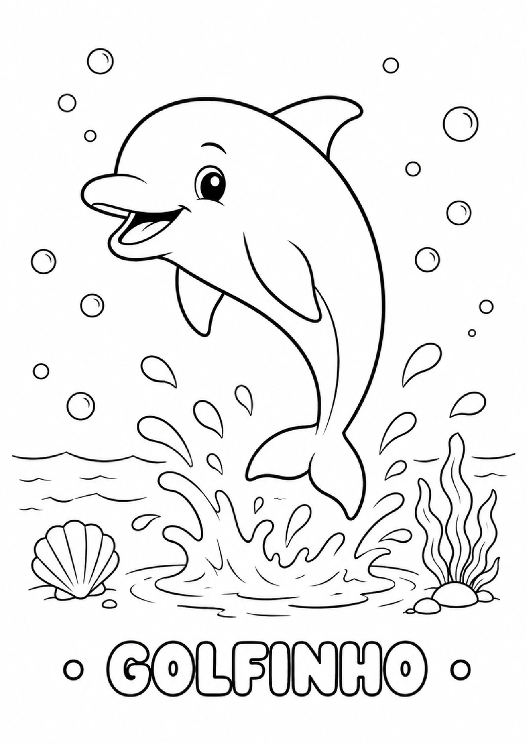 Desenho para colorir de um golfinho saltando na água, com bolhas, concha e algas.