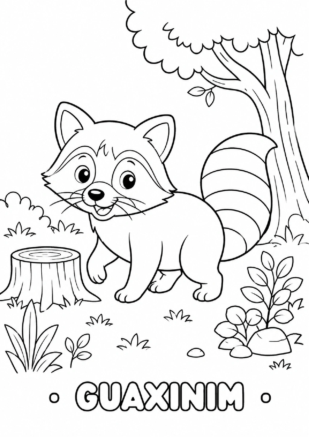 Desenho de um guaxinim em uma floresta, com árvore e plantas, para colorir.