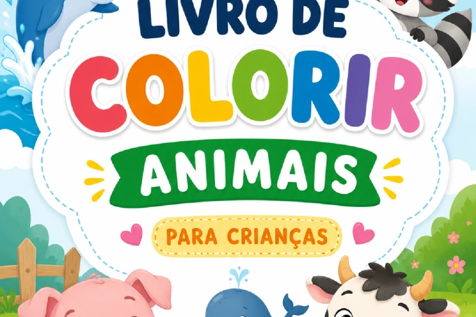 Capa de livro infantil para colorir, com animais como porquinho, vaca, golfinho e guaxinim.