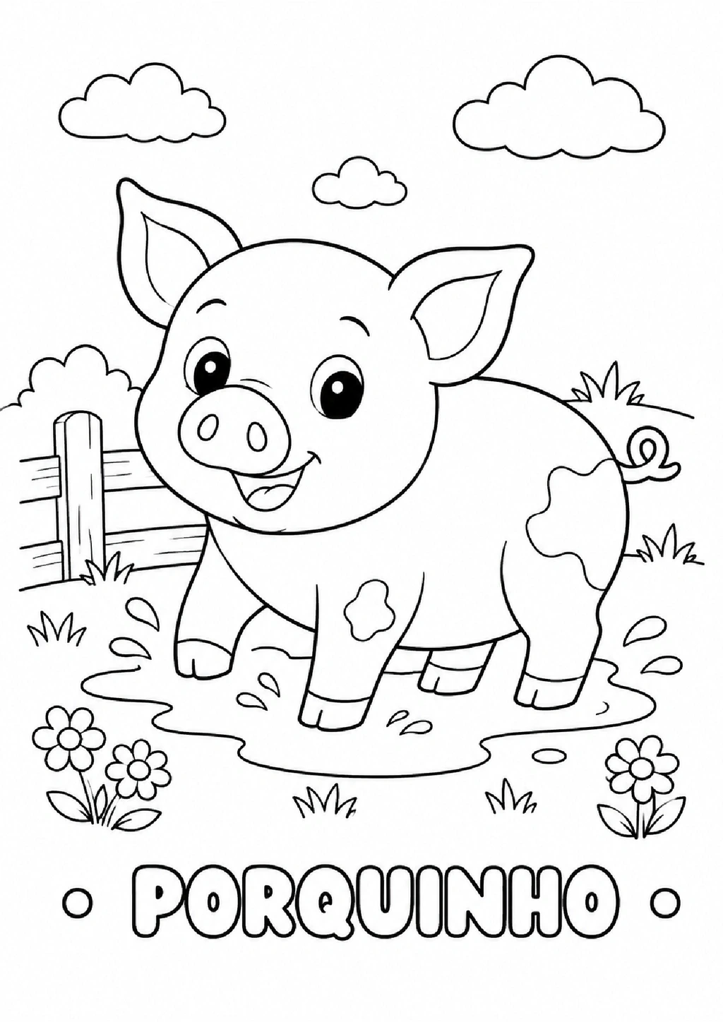Desenho para colorir de um porquinho sorrindo em uma paisagem rural com flores e cerca.