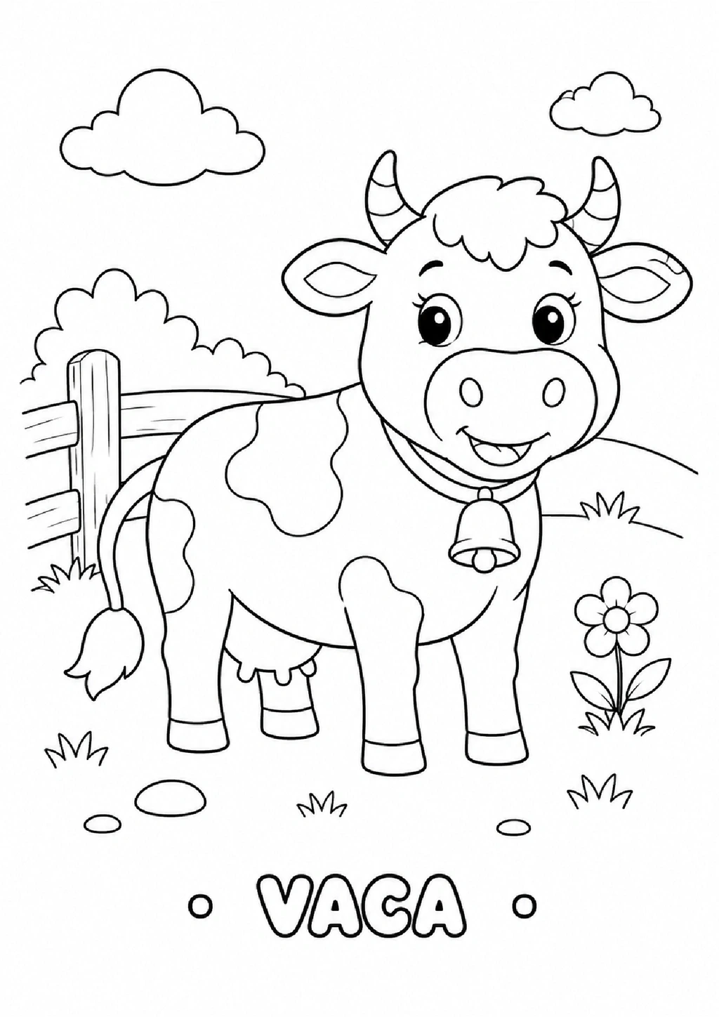 Desenho de uma vaca em uma paisagem rural para colorir.