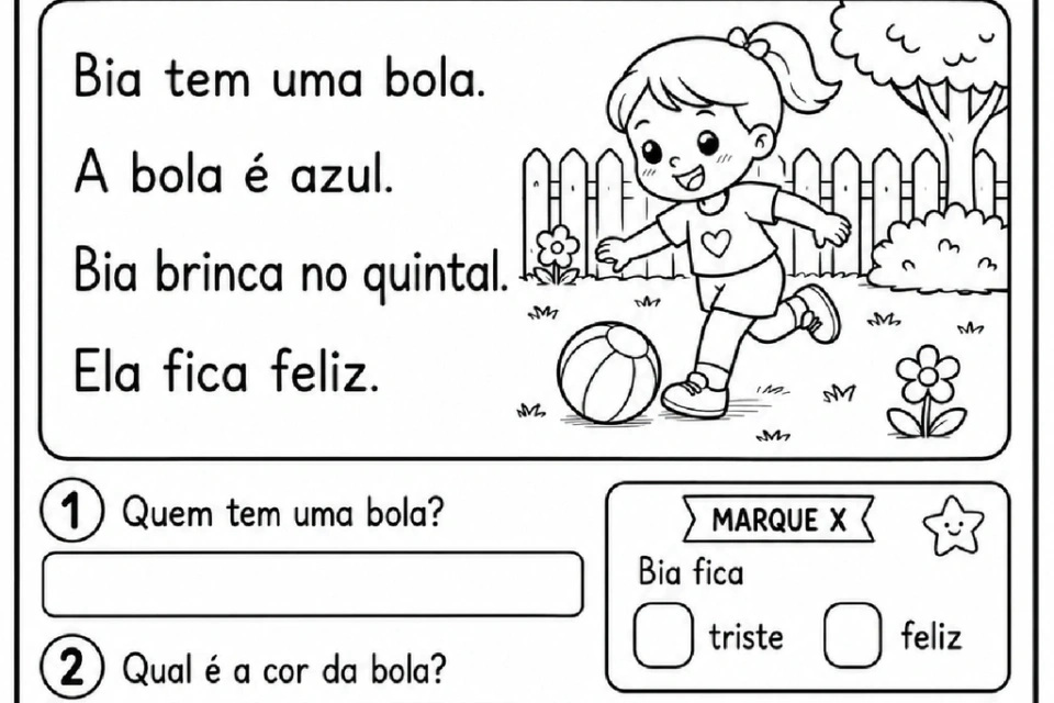 Atividade com o texto A bola de Bia e questões sobre personagem, cor, lugar, sentimento e vocabulário.