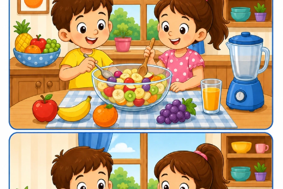 Duas cenas de uma cozinha para comparar e encontrar sete diferenças.
