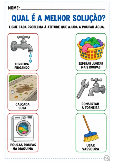 Atividade para ligar situações de desperdício de água às atitudes corretas, como consertar a torneira e varrer