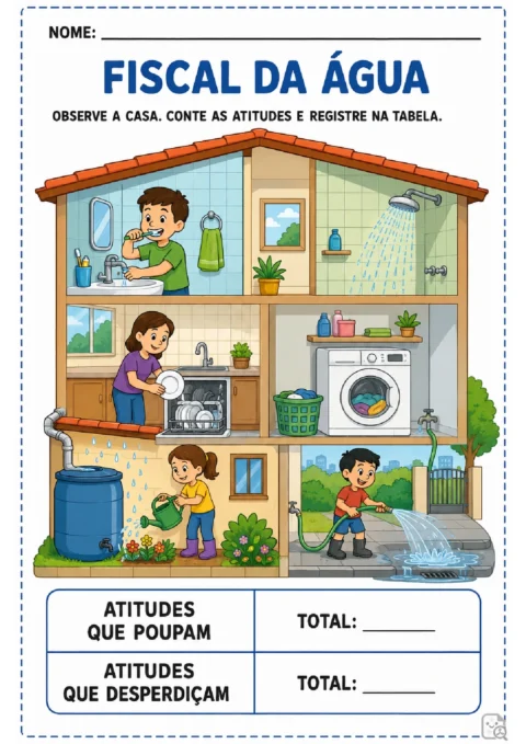 Atividade "Fiscal da Água" para contar atitudes que poupam e desperdiçam água em uma casa ilustrada