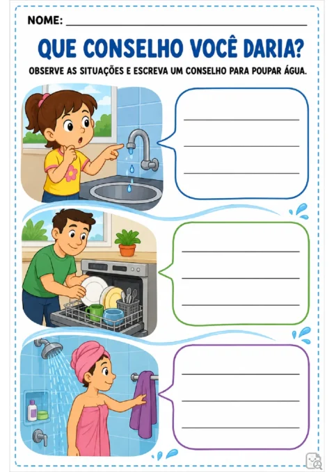 Atividade com três cenas de uso da água para escrever conselhos de economia em balões