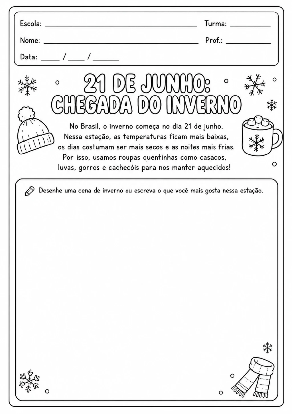 Página em preto e branco com o título “21 de junho: chegada do inverno”, texto sobre a estação no Brasil, desenhos de gorro.